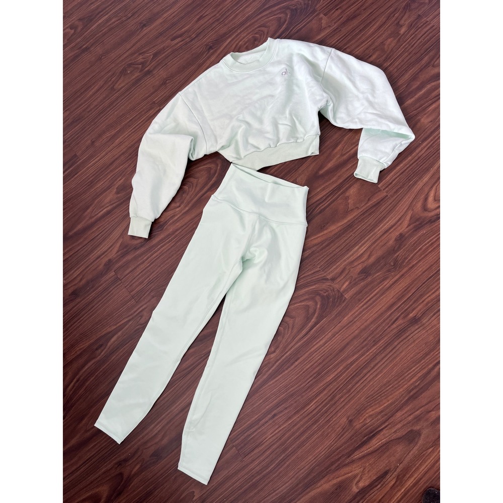 Alo Yoga Womens Mint Green Cropped Sweatshirt and High Waist Leggings Set XXS